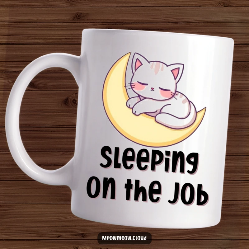 Funny mug showcasing an adorable cat character peacefully napping on a crescent moon, radiating tranquility and sweet dreams.