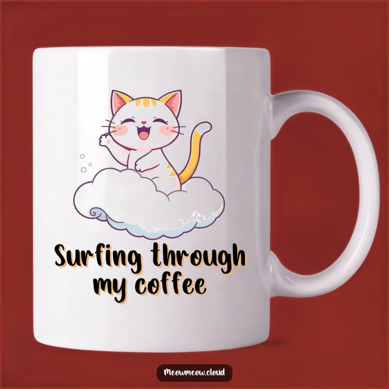 Funny Joyful Cat Cloud Wave Mug: Surfing Smiles Gift