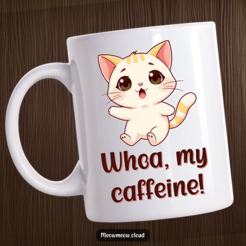 Funny surprised cat mug showing a cat being amusingly carried away by a friendly, gentle wind gust.
