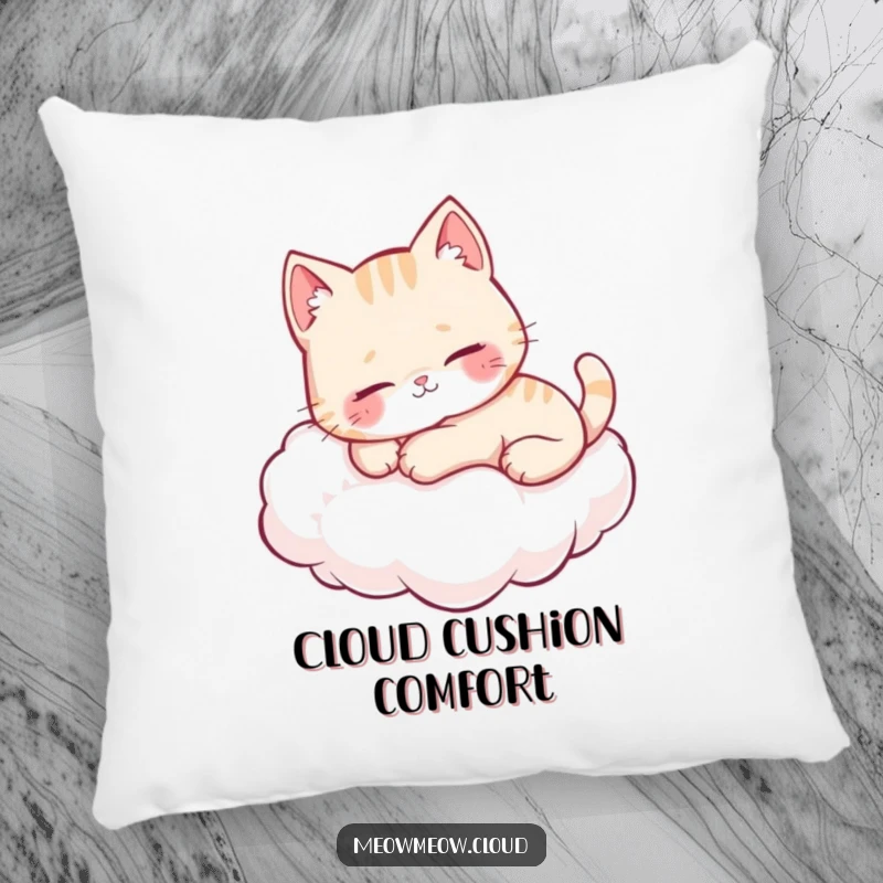Funny cute cat purring while lounging on a soft cloud, designed as a comfortable and humorous pillow.