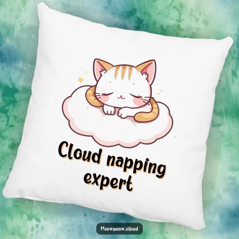 Funny playful cat napping on a soft cloud, designed as a comfortable and humorous pillow.
