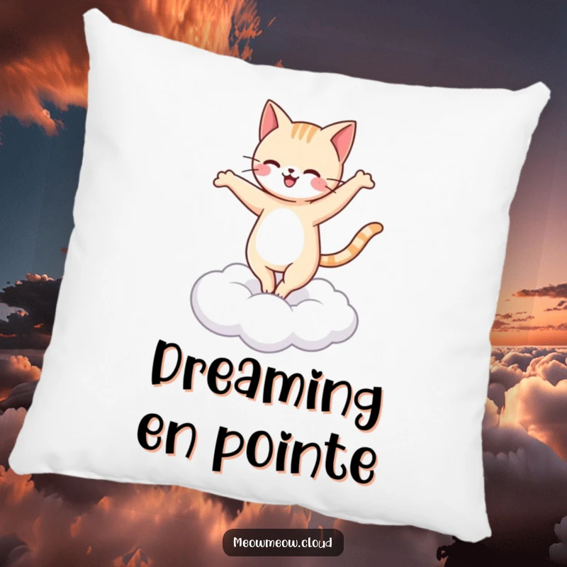 Funny happy cat ballet pillow showing a cat doing a pirouette on a cloud, comfortable and artistic.