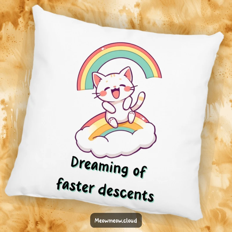 Funny pillow featuring an excited cartoon cat sliding down a bright rainbow, landing on a cloud.