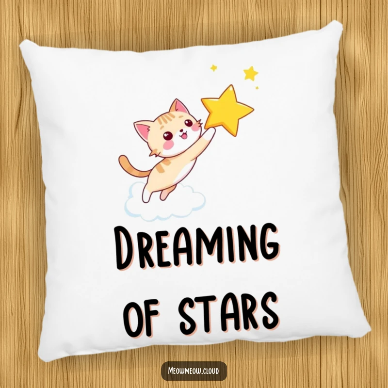Funny happy cat chasing a star on a cloud sky, designed as a comfortable and humorous pillow.