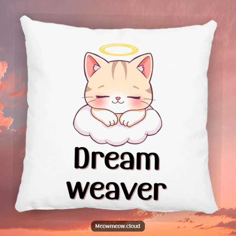 Funny pillow with a cheerful cat wearing a halo, napping on a cloud, offering soft comfort and peaceful vibes.