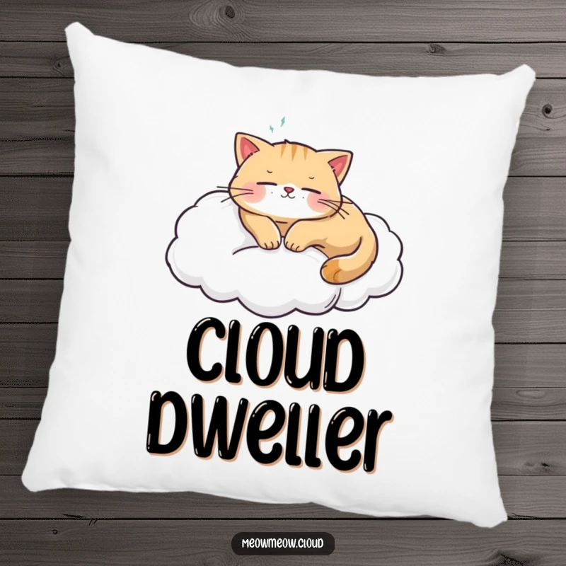 Funny cat sleeping on a cloud, designed on a plush pillow, adding a touch of cozy serenity to any room.