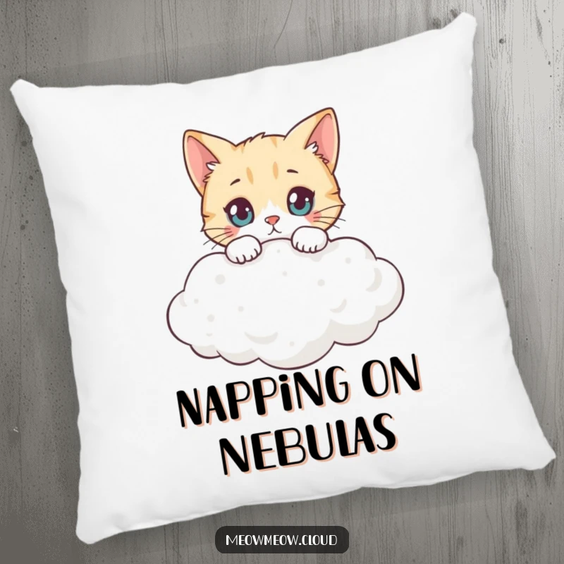 Funny curious cat peeking over a cloud edge on a plush pillow, ideal for whimsical comfort and funny gifts.
