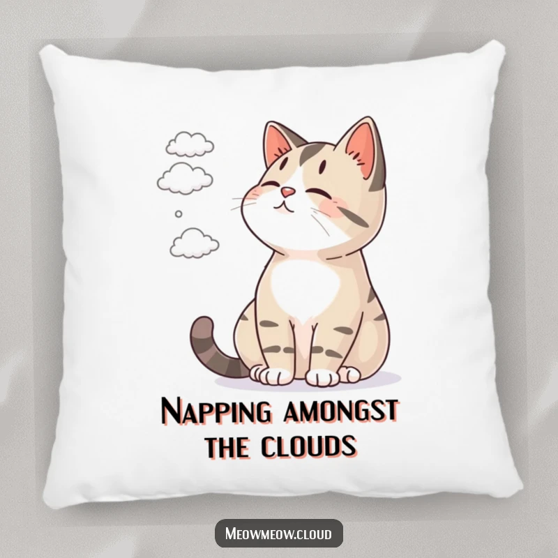 Funny pillow with a contented cat watching tiny clouds float by, offering cozy comfort and peace.