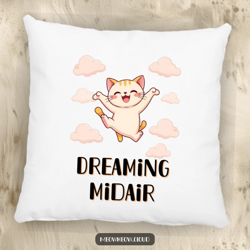 Funny joyful cat leaping between clouds on a plush pillow, ideal for energetic comfort and funny gifts.