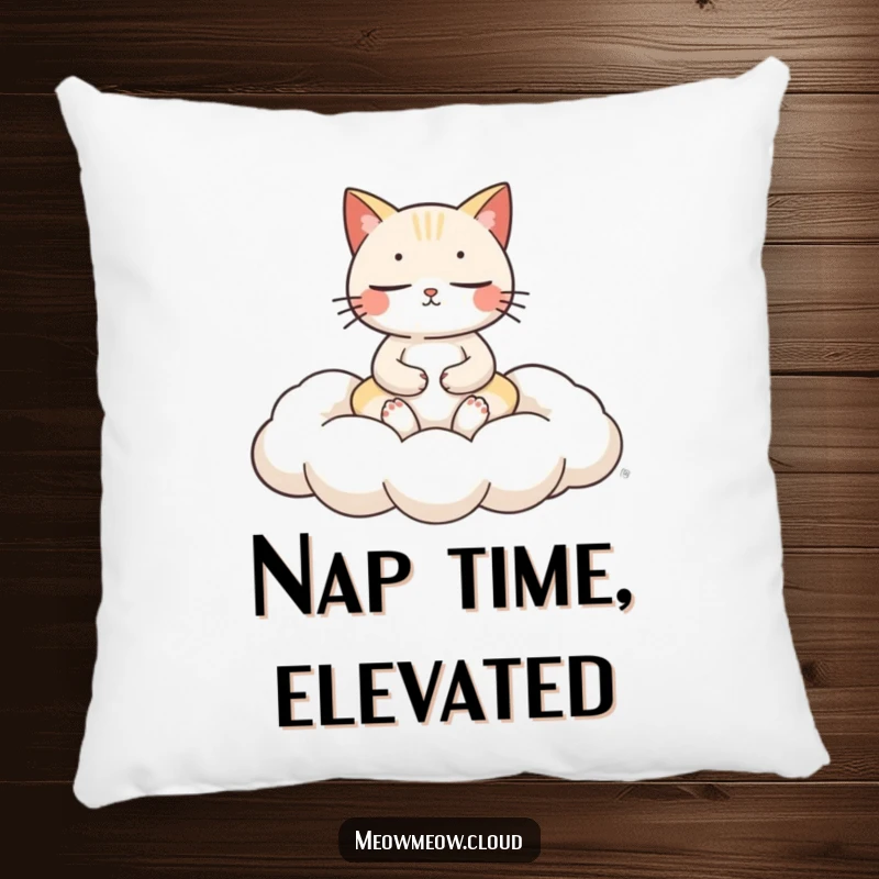 Funny cat meditation pillow featuring a serene cat meditating comfortably on a fluffy cloud cushion, perfect for cozying up.