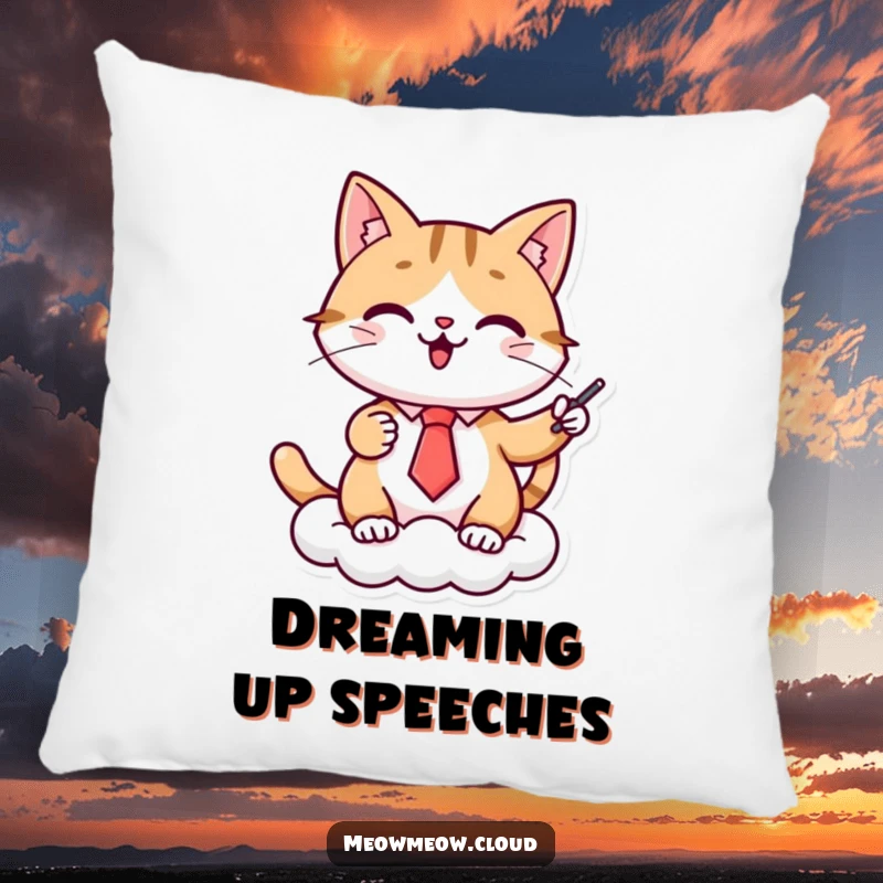 Funny cat presenter pillow, a cheerful cat in a tie gives a presentation on a cloud, a soft and charming addition to any seating.
