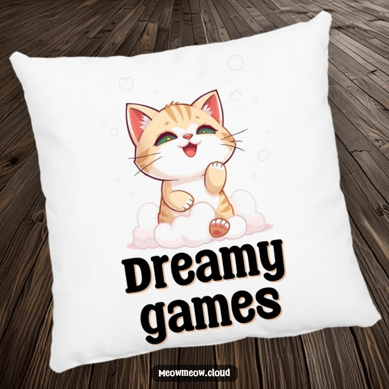 Funny cat playing with clouds, designed on a soft pillow, adding a touch of whimsical comfort.