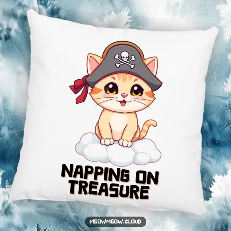Funny pirate cat pillow, soft cushion featuring a cat pirate on a cloud island, comfortable and humorous home decor.
