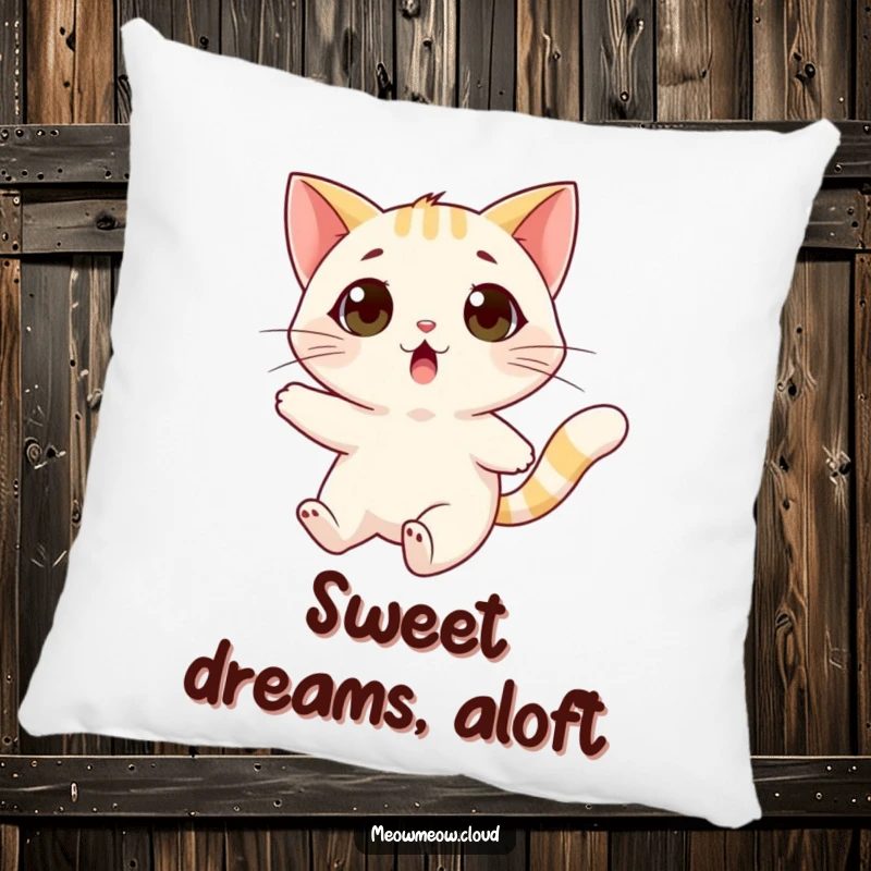 Funny surprised cat pillow showing a cat being gently carried by a friendly wind gust, comfortable and comical.