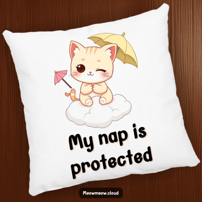 Funny Winking Cat Pillow featuring a cat on a cloud, holding a tiny umbrella, providing soft comfort and whimsical decor. Cute accent pillow.