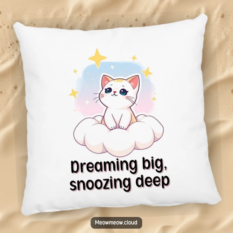 Funny pillow featuring a dreamy cat gazing at stars from a cloud, offering soft comfort and a touch of cosmic humor.