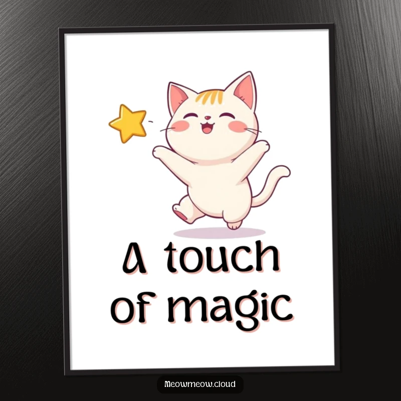 Funny digital art print of a happy cat leaping towards a shimmering, twinkling star, capturing a moment of pure delight.