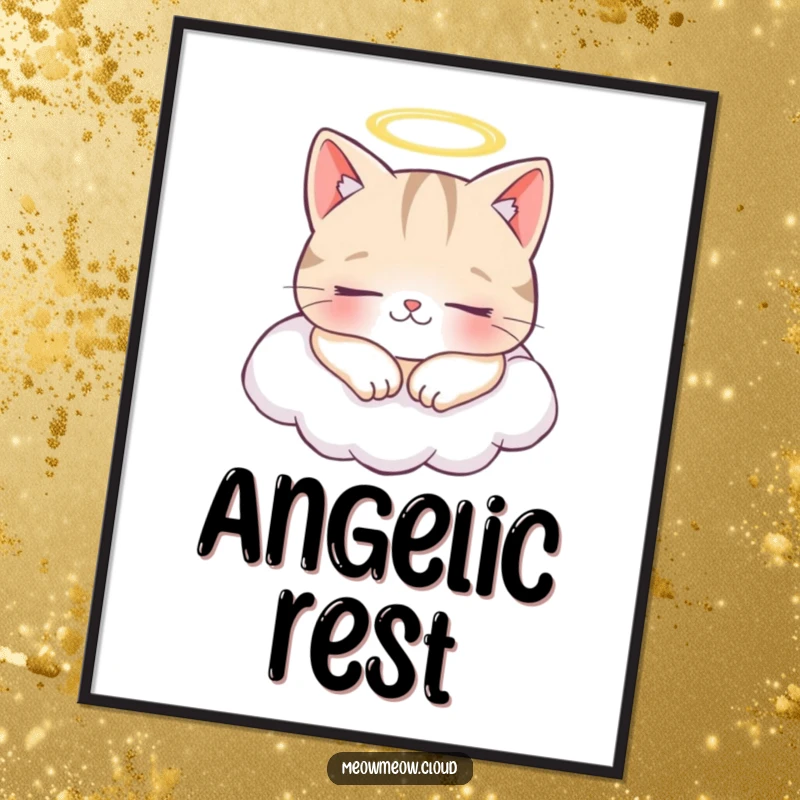 Funny digital art print of a cheerful cat with a halo, napping peacefully on a cloud, radiating serene cartoonish charm.