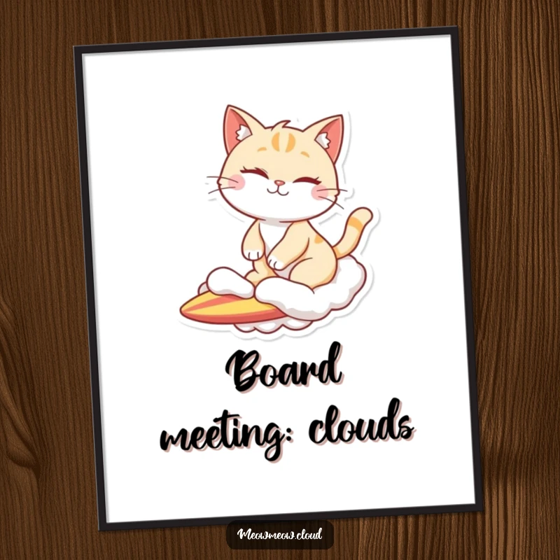 Funny digital art print of a winking cat character surfing on a cloud, offering instant cool and humor for decoration.