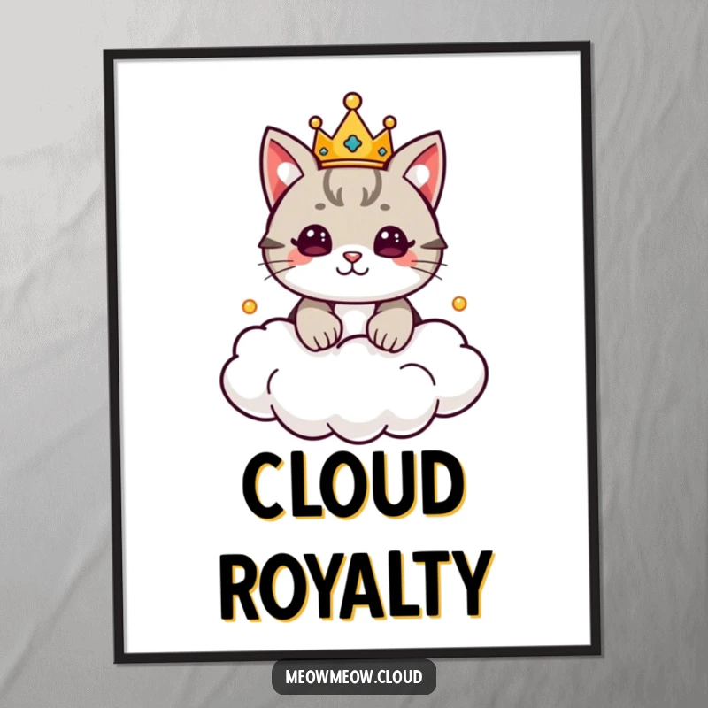 Funny Cat King Digital Art Print of a cute cat wearing a crown, ruling a cloud kingdom, conveying majestic charm. Regal wall art.