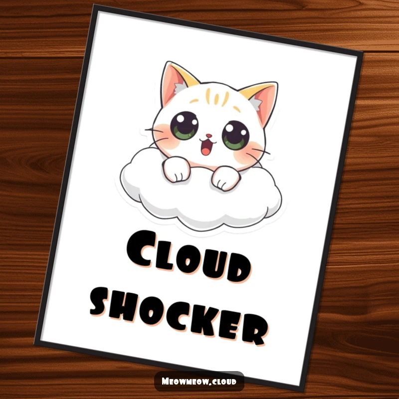 Funny cat digital art print depicting a surprised cat with wide eyes floating on a cloud, creating a humorous visual.