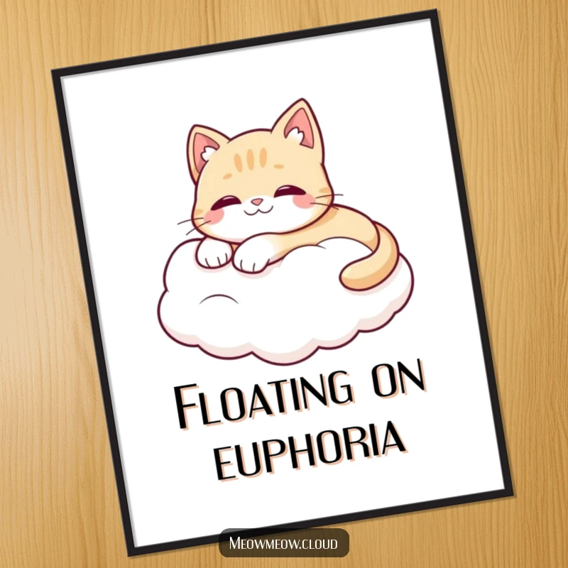 Funny digital art print of a cute cat lounging on a fluffy white cloud, perfect for instant download.