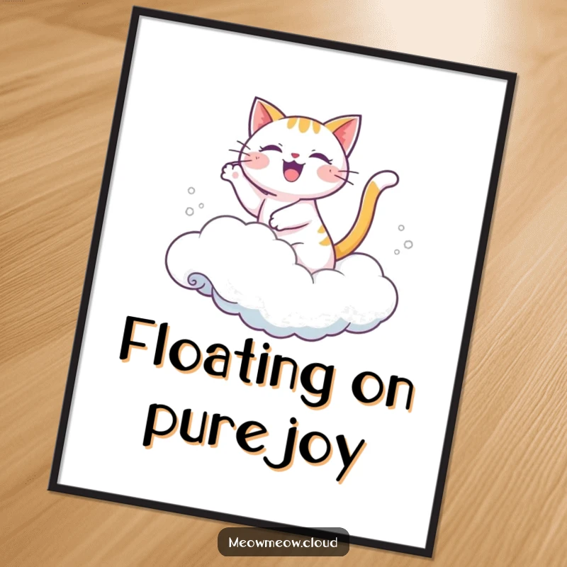 Funny digital art print of a joyful cartoon cat riding a cloud like a wave.