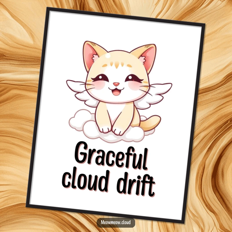 Funny angel cat digital art print, a smiling cat with tiny wings floating gracefully through clouds, serene and humorous artwork.