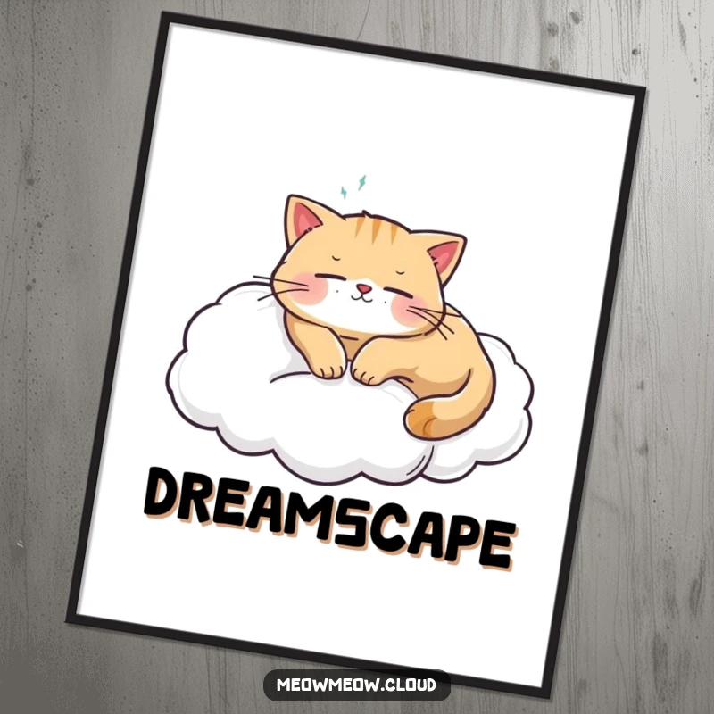 Funny cat sleeping soundly on a soft cloud, presented as downloadable digital art for wall decoration.