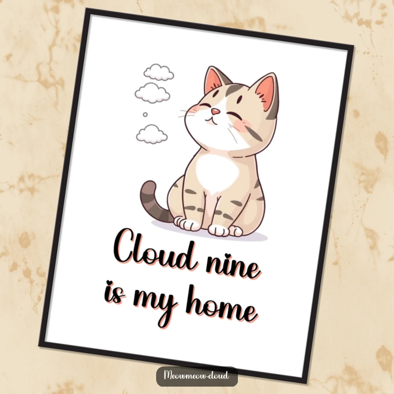 Funny digital art print of a content cat watching tiny clouds drift by, ideal for instant peaceful decor.