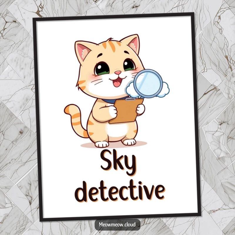Funny cat inspector digital art print, a smiling cat with a clipboard and magnifying glass inspects a cloud, perfect for downloadable, humorous wall decor.