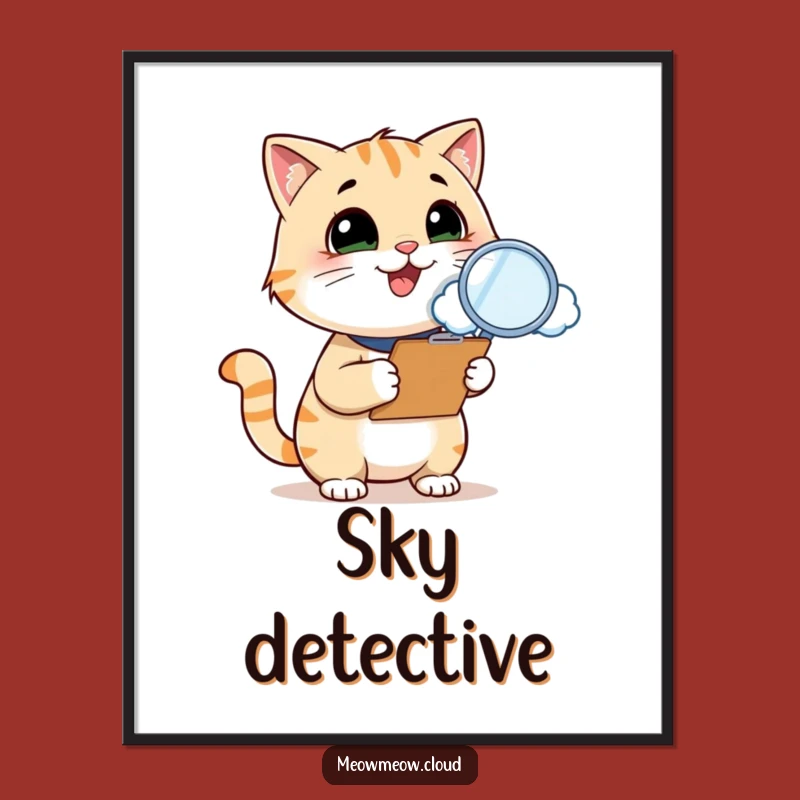 Funny Cat Inspector Digital Art Print: Cloud-inspecting art, perfect funny gift.