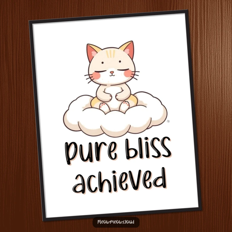 Funny cat meditation digital art print of a serene cat meditating on a fluffy cloud cushion, offering instant zen decor.