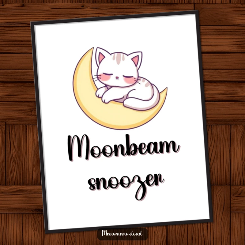 Funny digital art print of an adorable cat character peacefully napping on a crescent moon, ready for instant download.