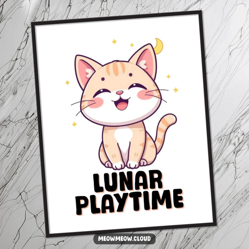 Funny cat moonbeam digital art print of a cheerful cat joyfully batting at a moonbeam, bringing whimsical vibes.