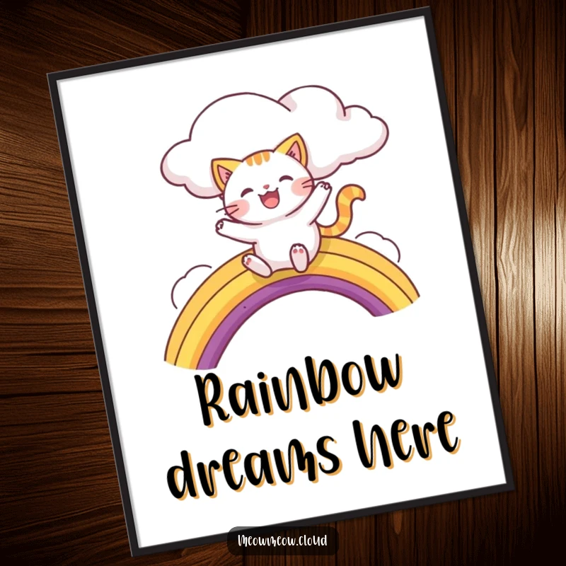 Funny digital art print of a happy cat character sliding down a colorful rainbow from a cloud, radiating pure joy.