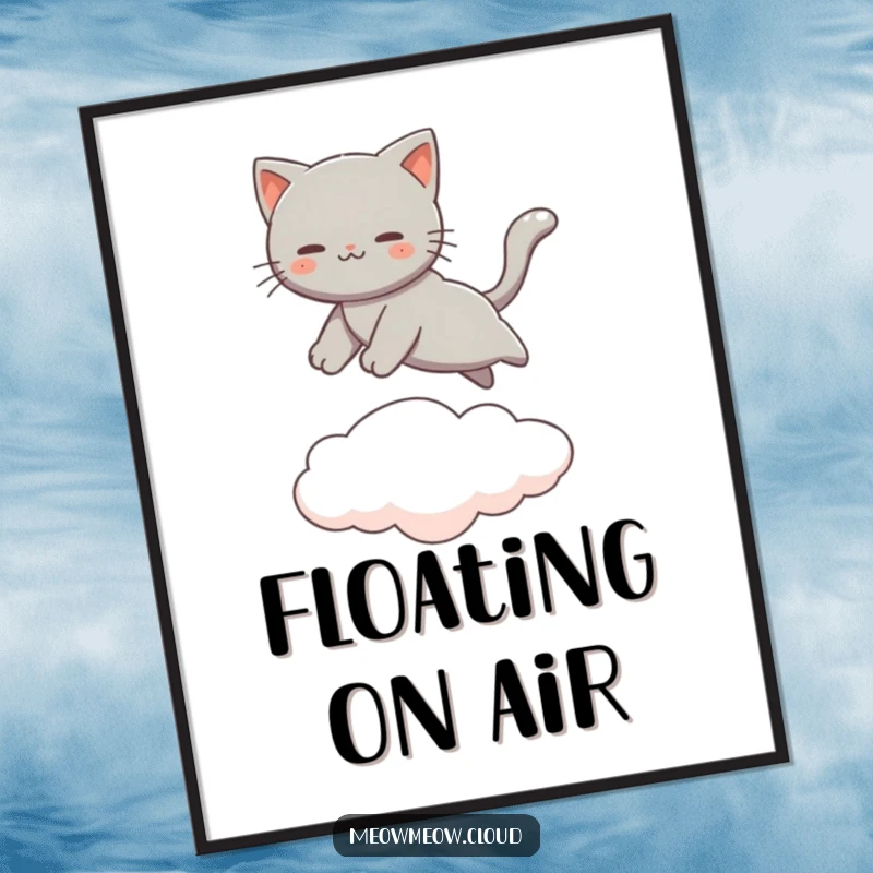 Funny Gray Cat Digital Art Print of a cat gracefully leaping between clouds, conveying movement and beauty. Elegant wall art.