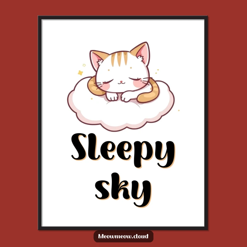 Funny Sleepy Cloud Cat Digital Art: Peaceful Napping Kitty Print for Instant Calm