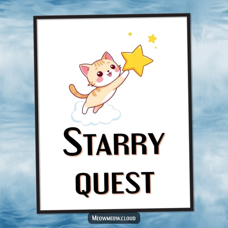 Funny happy cat chasing a star on a cloud sky, as a downloadable digital art print for instant inspiration.