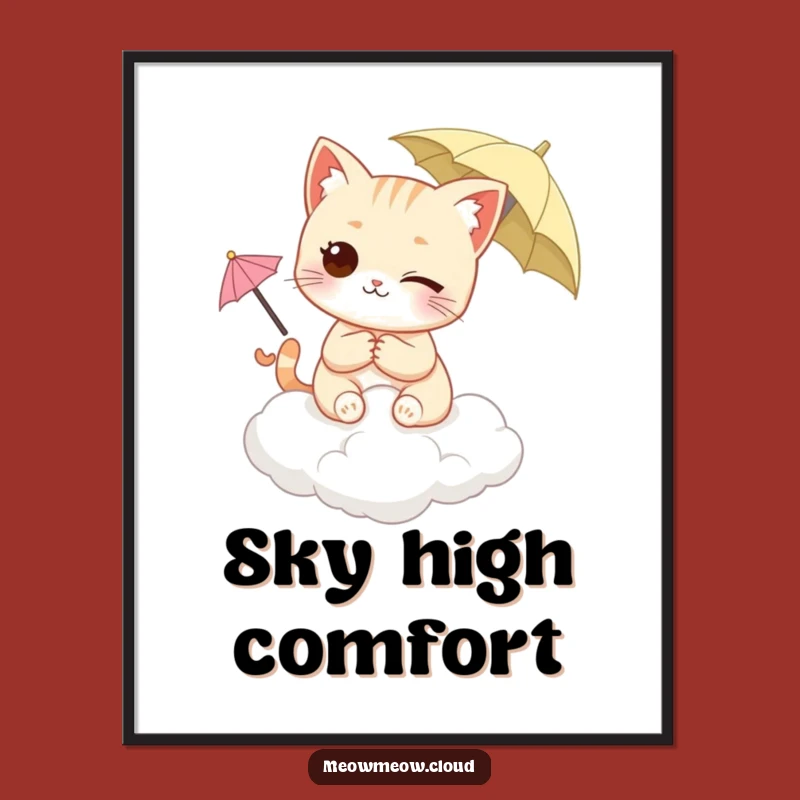 Funny Winking Cat Digital Art Print - Cloud & Umbrella Decor Gift