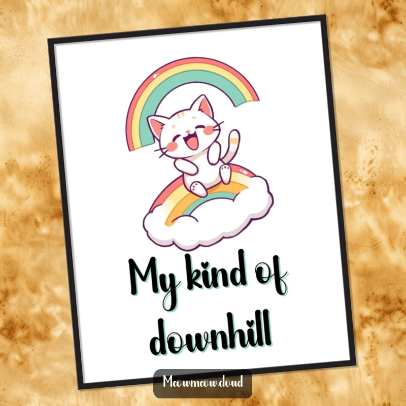 Funny digital art print of an excited cartoon cat sliding down a rainbow onto a cloud.