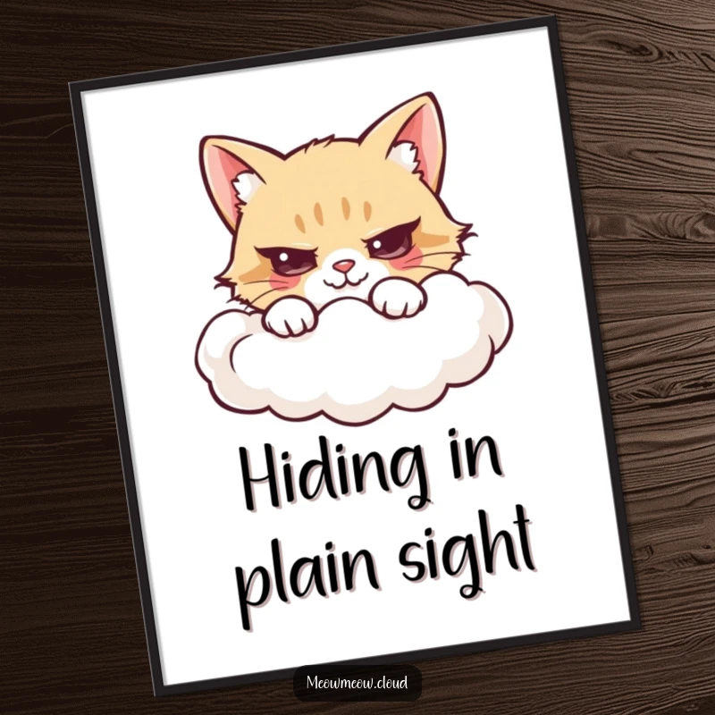 Funny digital art print of a mischievous cartoon cat hiding behind a fluffy cloud.