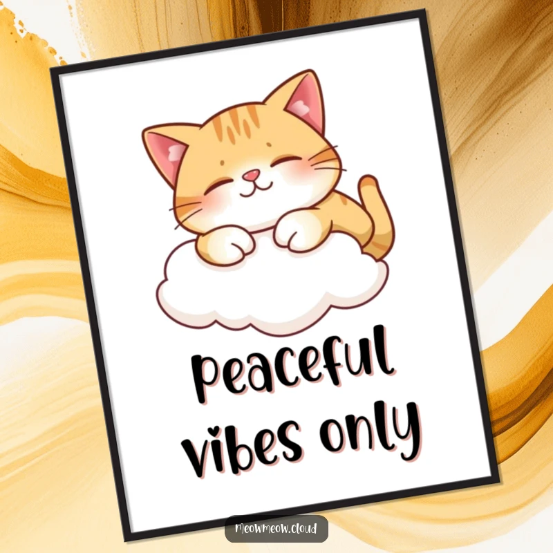Funny digital art print of a contented cat stretching on a cloud, adding a joyful and serene vibe.