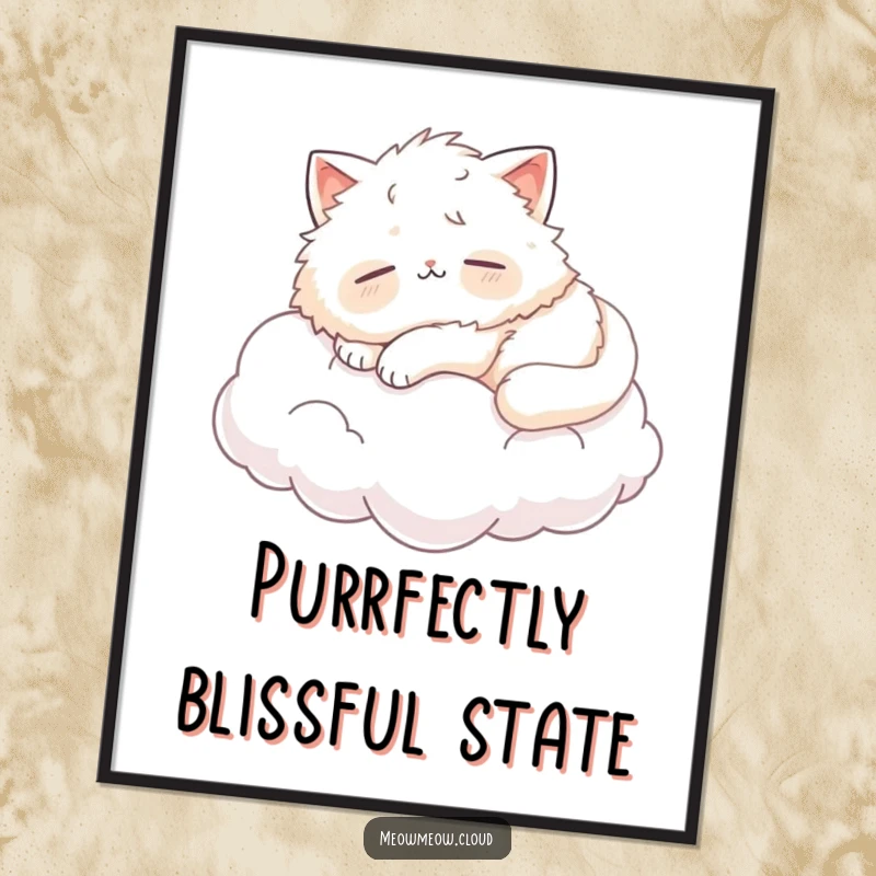 Funny fluffy cat blissfully napping on a cloud, humorous digital wall art for instant download and serene decor.