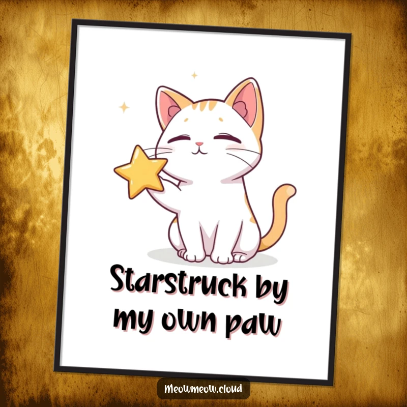 Funny digital art print of a cat playfully poking a distant star, ideal for immediate whimsical wall decor.