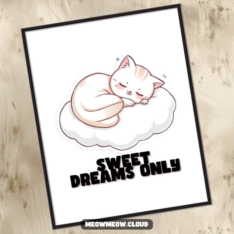 Funny sleeping cat curled on a soft cloud pillow, a digital art print exuding peace and gentle humor.