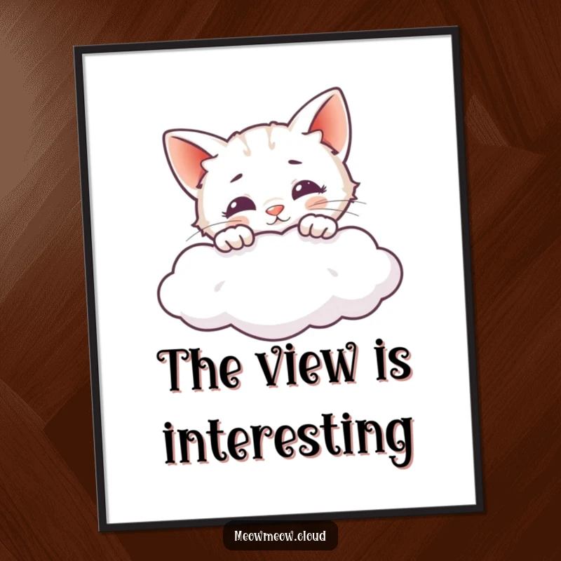 Funny digital art print of a curious cat peeking over a cloud, adding a playful and whimsical vibe.