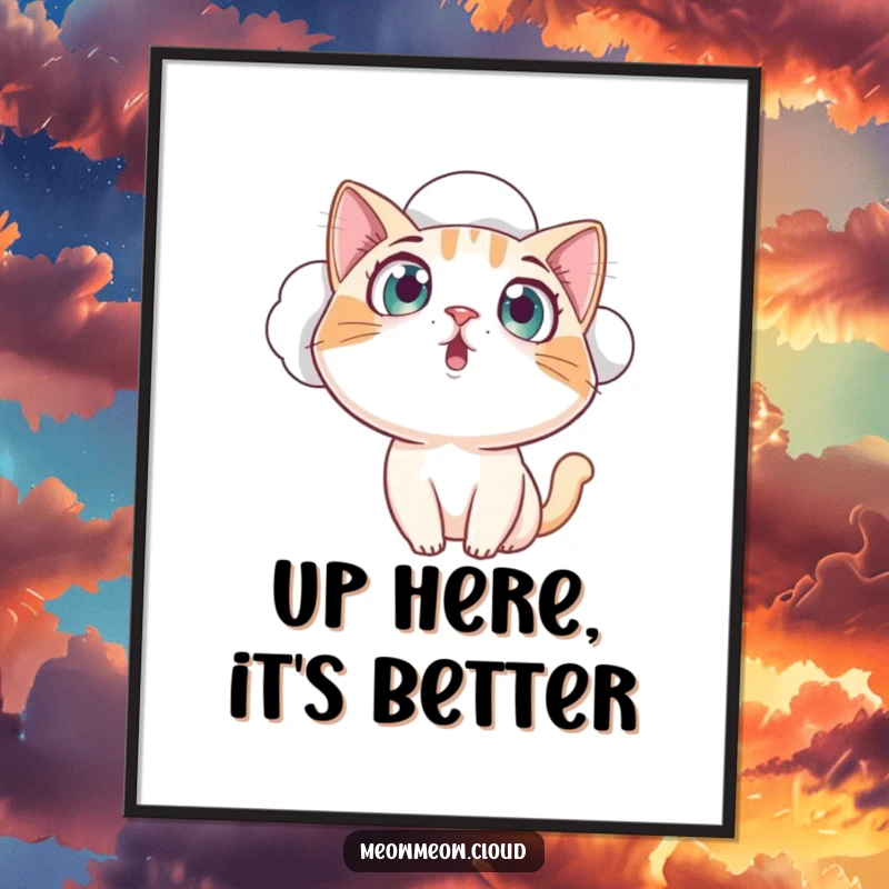 Funny curious cat gazing from a cloud with wide, amazed eyes, a downloadable humorous digital art print for a funny gift.