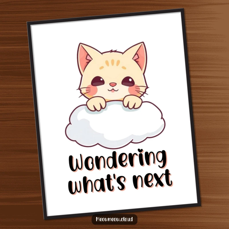 Funny digital art print of a mischievous cat peeking over a cloud, offering instant whimsy and a delightful visual joke.