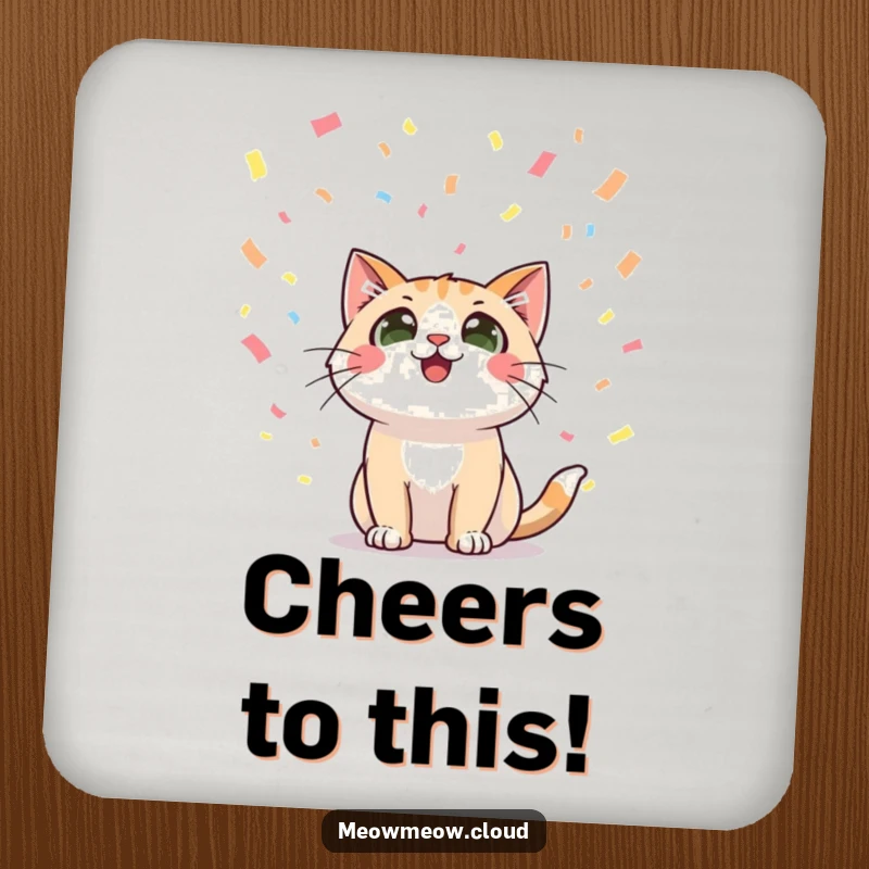 Funny drink coasters featuring a happy cat character looking up with wide eyes at falling confetti, adding cheerful protection.